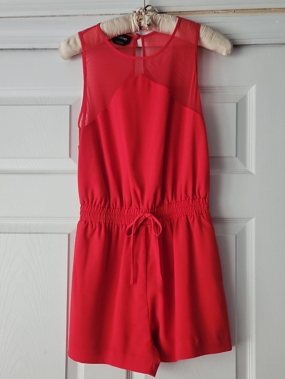 No Boundaries Coral-Red Sleeveless Girls' Romper with Sheer Yoke